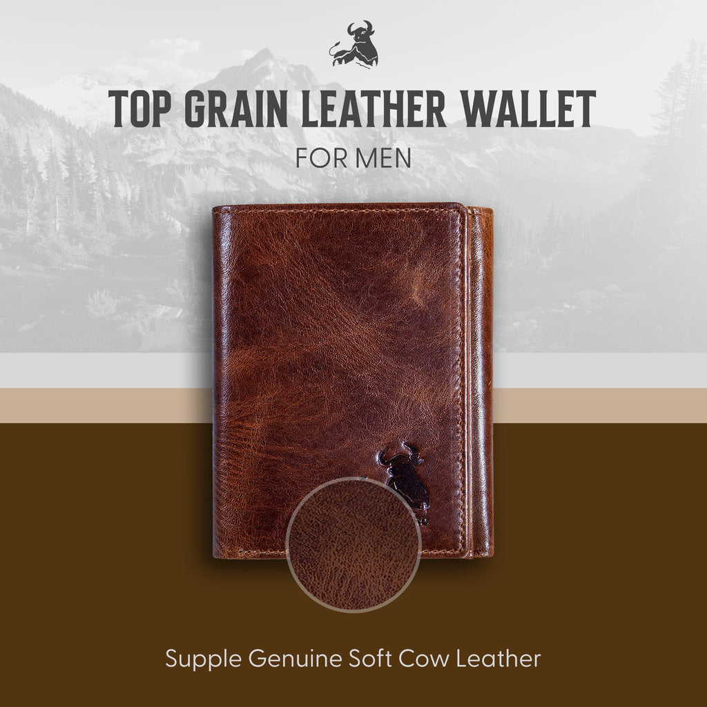 Best Leather Men's RFID Trifold Wallet with ID Great Outdoor Wallet Forest Brown - Image 2