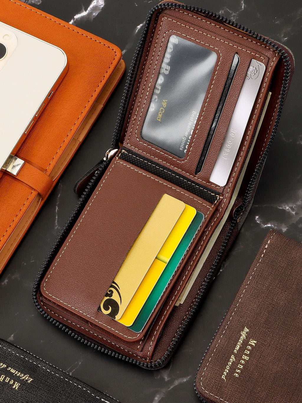 Men's Leather Bifold Wallet, Waterproof RFID Blocking Wallets Zipper Purse with Credit Card Holder ID Window, Black - Image 6