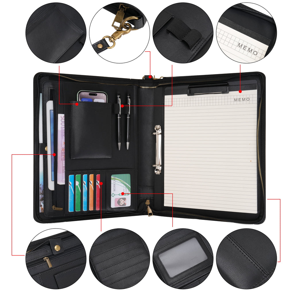 A4 Portfolio with Zipper - Leather PU Padfolio with Detachable Ring Binder and Writing Notepad Holder, Conference Fil... - Image 3