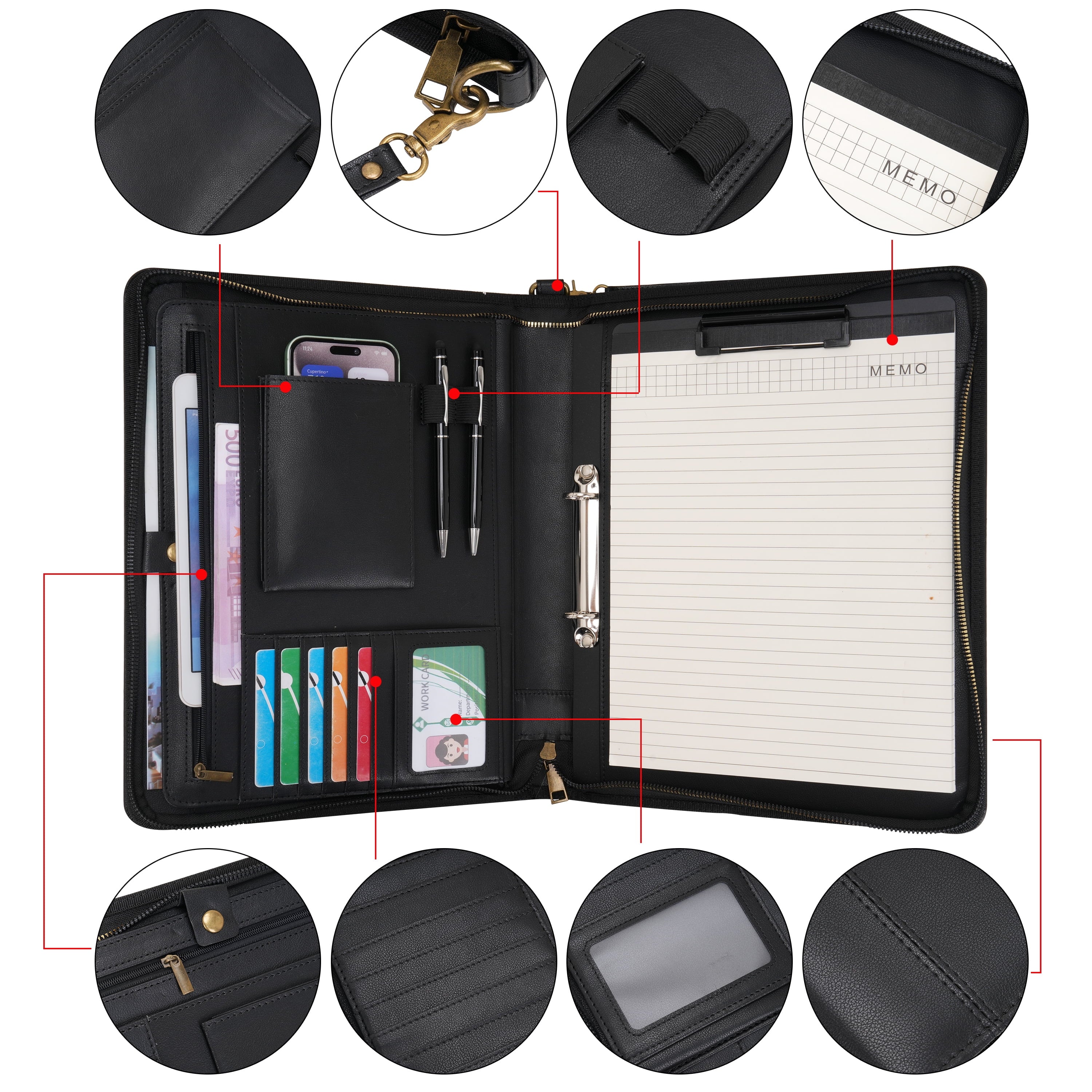 A4 Portfolio with Zipper - Leather PU Padfolio with Detachable Ring Binder and Writing Notepad Holder, Conference Fil... - Image 3
