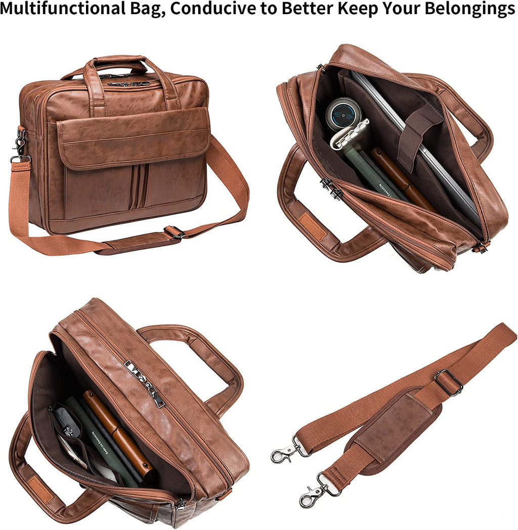 Men's Leather Messenger Bag, 17.3 Inches Laptop Briefcase Business Satchel Computer Handbag Shoulder Bag for Men (Black) - Image 4