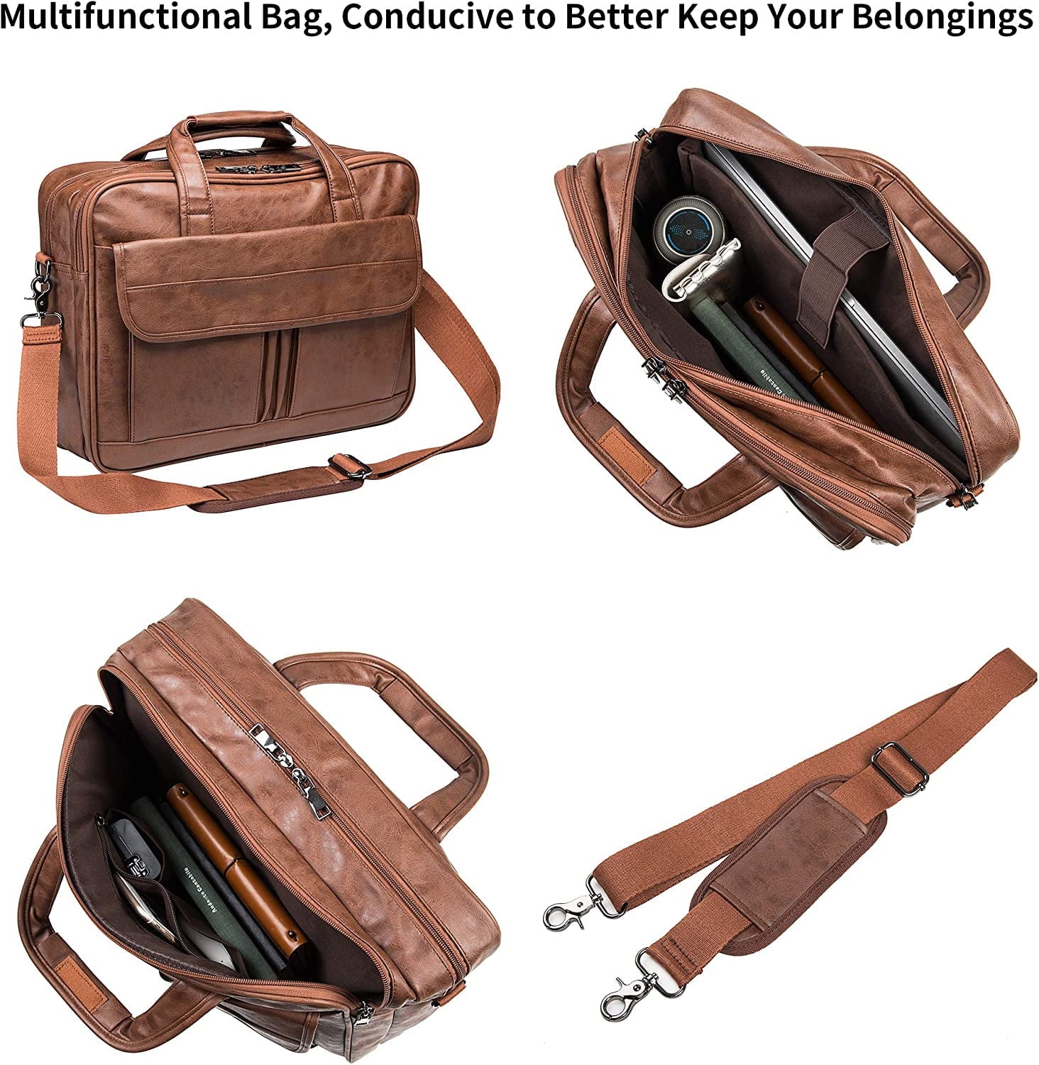 Men's Leather Messenger Bag, 17.3 Inches Laptop Briefcase Business Satchel Computer Handbag Shoulder Bag for Men (Black) - Image 4