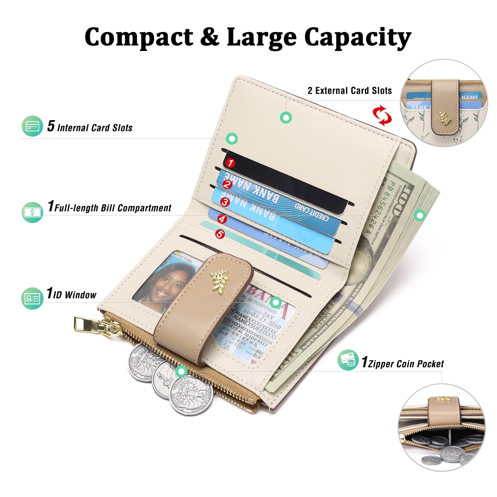 Small Wallet for Women Slim Bifold Leather Credit Card Holder Purse Zipper Pocket Coin Wallets with ID Window - Image 6