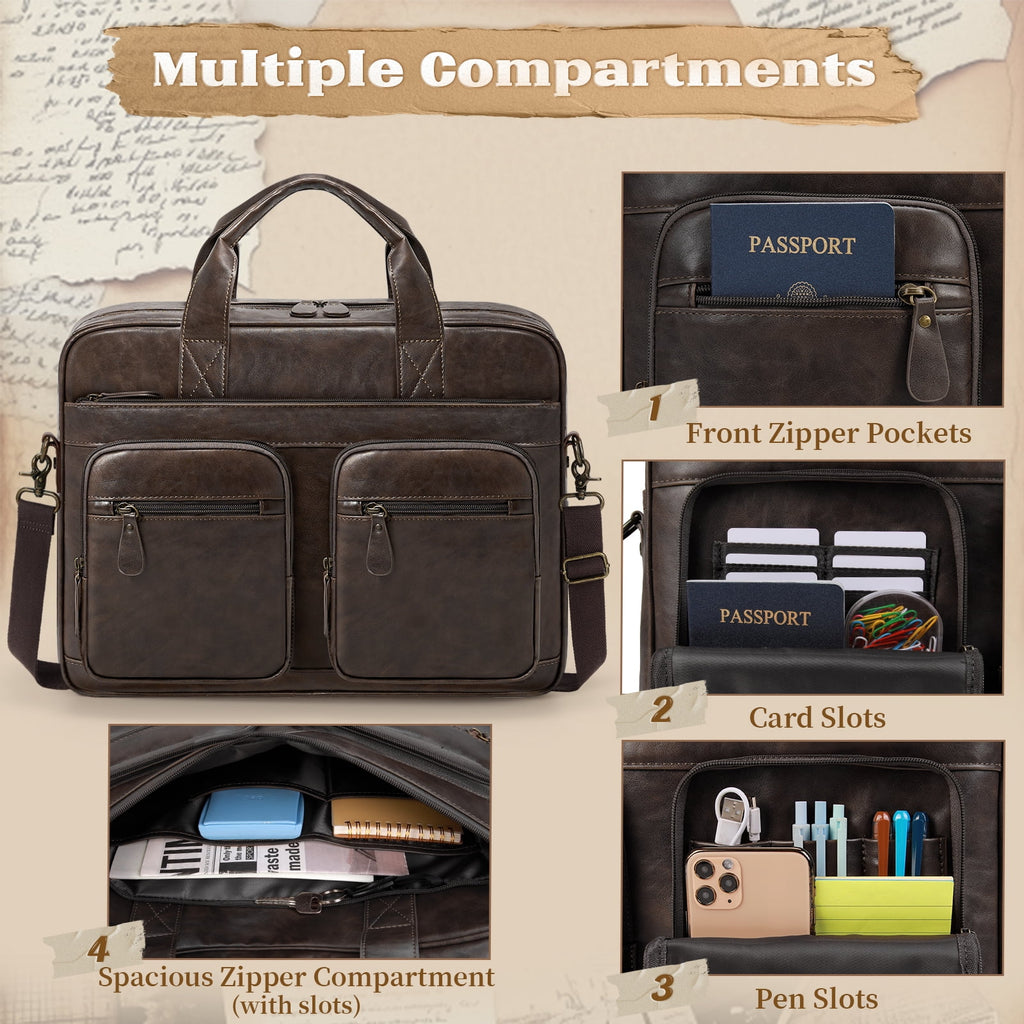 15.6 Inch Messenger Bag for Men Vintage PU Leather Laptop Bag Waterproof Computer Briefcases for Men Retro Mens Brief... - Image 3