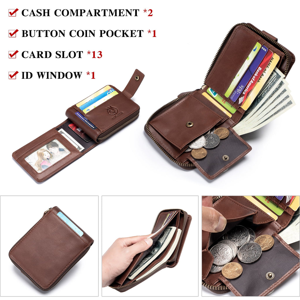 Genuine Leather Zipper Wallet for Men Rfid Blocking Large Capacity Vintage Wallet with Coin Pocket ID Window, Coffee - Image 6