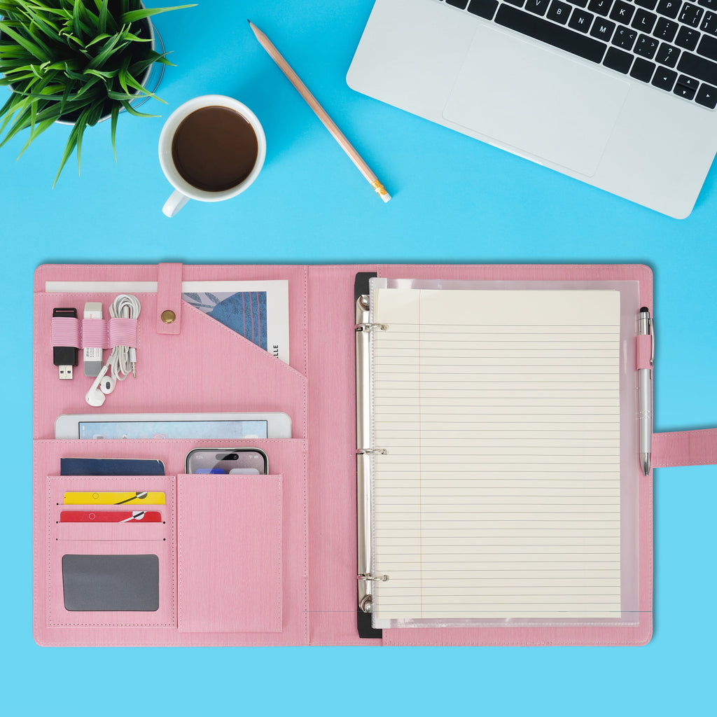 Wonderpool A4 PU Leather Portfolio Holder Ring File Document Case with Removable Binder Clipboard, Multi Pocket and Legal Pad for Business O - Image 4
