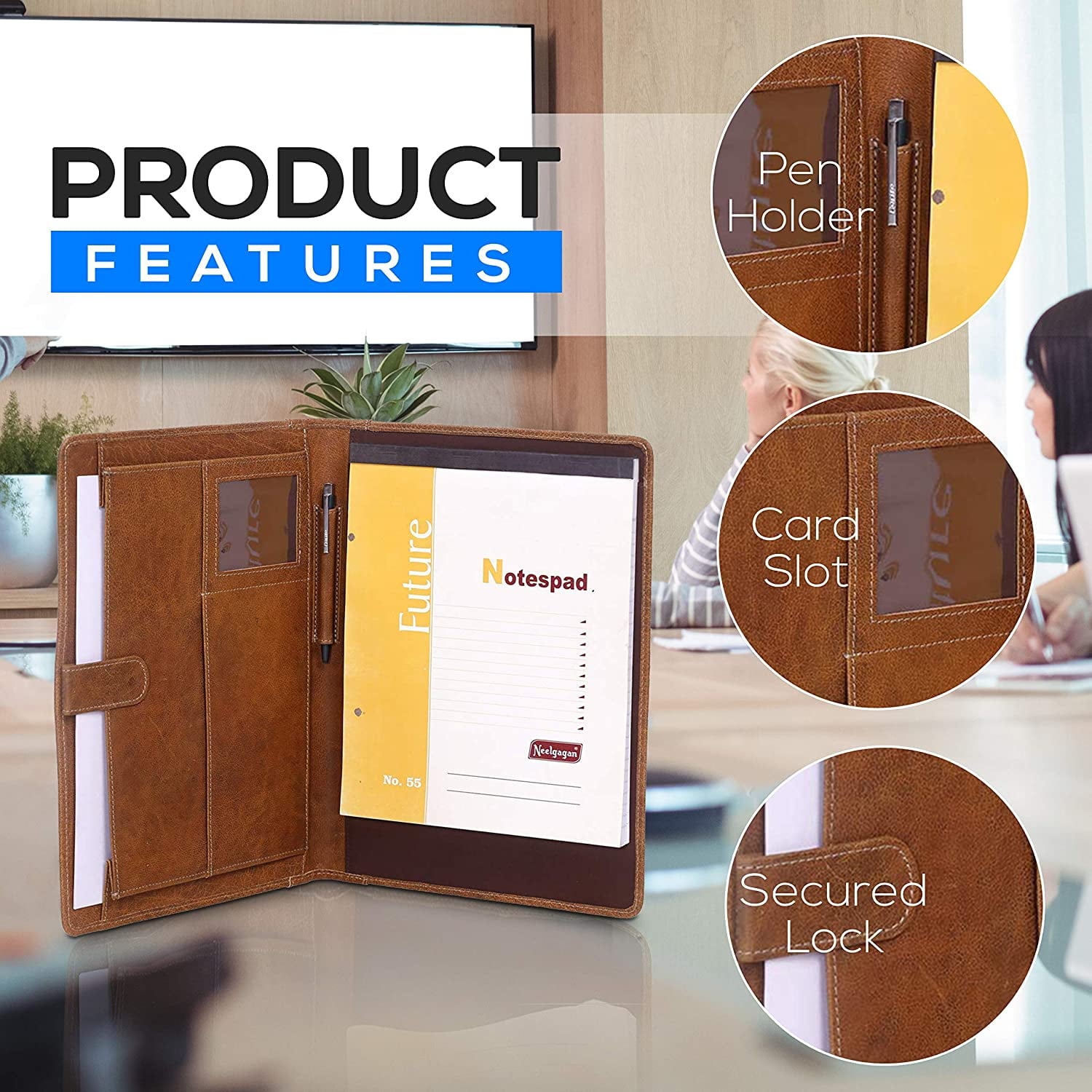 Leather Business Portfolio Business Personal Organiser Folder Full Grain Leather padfolio (Light Tan) - Image 3