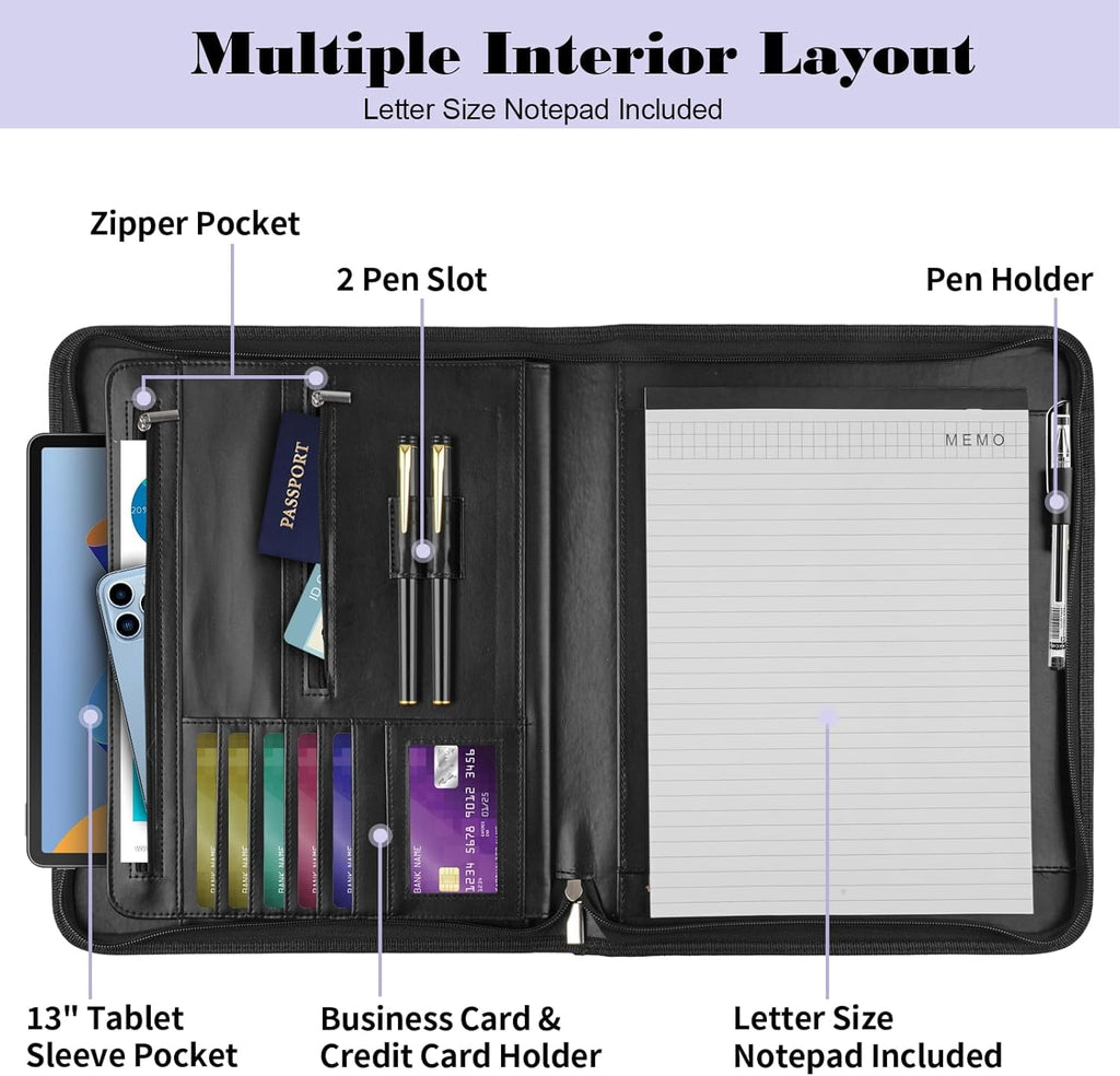 bINDER oRGANIZER, WITH 25 pAGES nOTEPAD & 13" tABLET sLEEVE, pROFESSIONAL cONFERENCE mEETING bUSINESS zIPPER fOLDER F... - Image 3