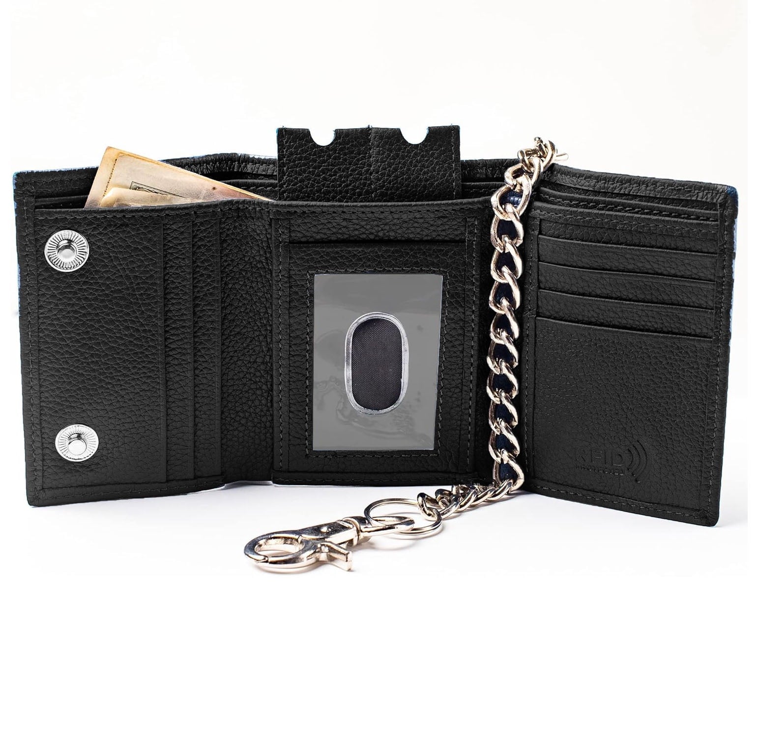 Black Real Leather Wallet Classic Wallet Chains RFID Wallet for Men with Card Slots & Key Holder - Image 6
