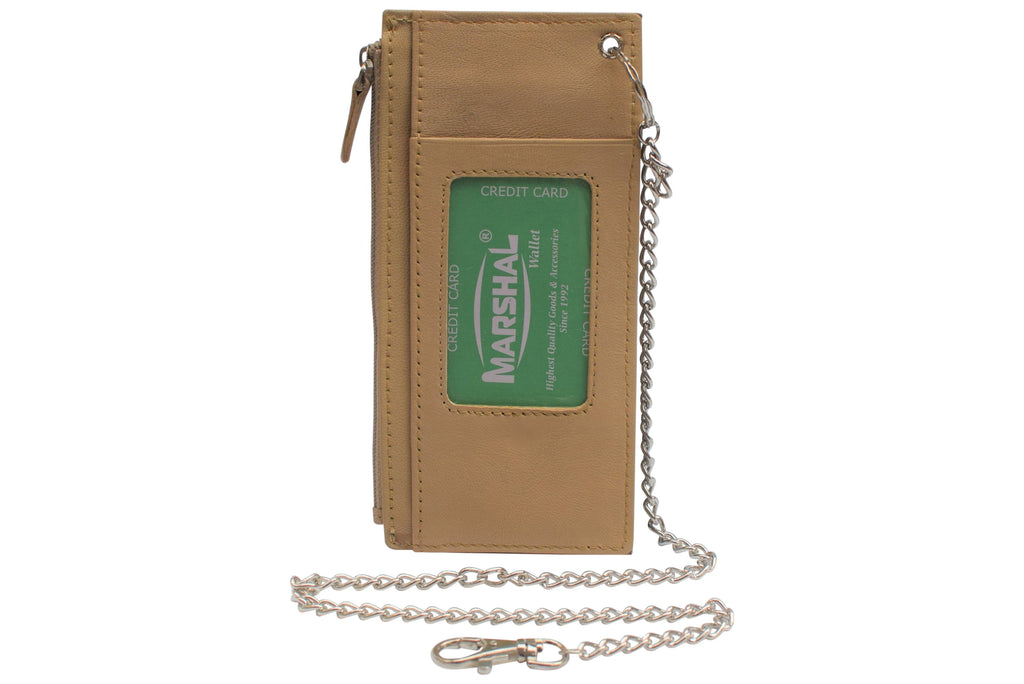 Women's Card Case Holder Slim Wallet with Chain & Card Protection Strap Genuine Leather - Image 3