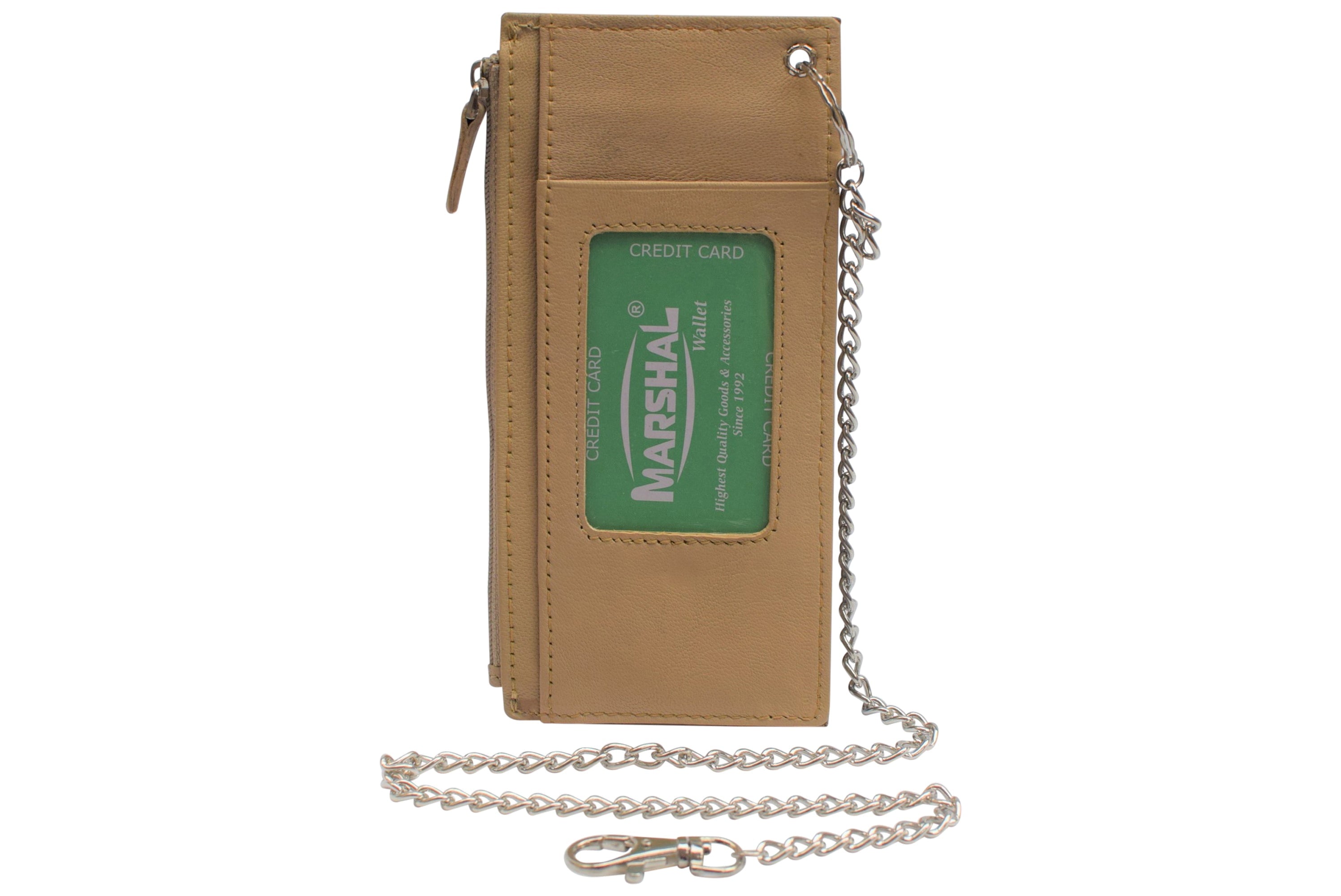 Women's Card Case Holder Slim Wallet with Chain & Card Protection Strap Genuine Leather - Image 3