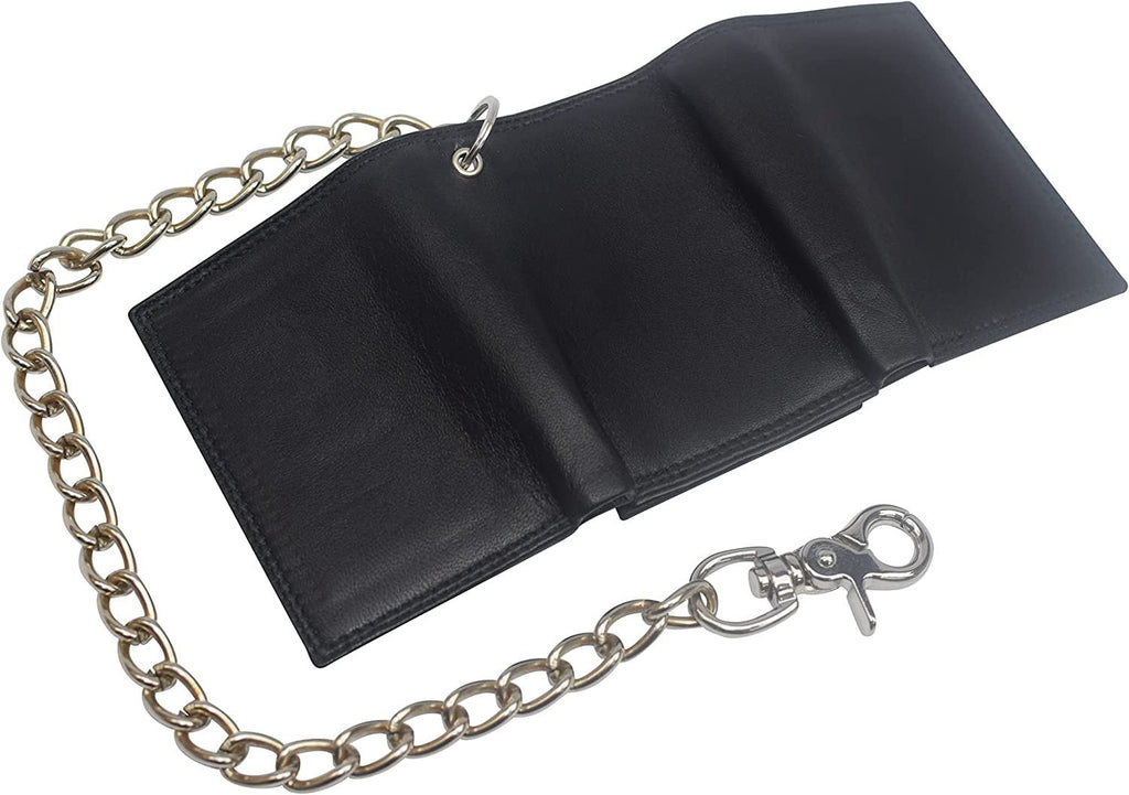 Swiss Marshall Men's RFID Blocking Premium Leather Chain Trifold Wallet Black with 15 inch Nickle Chain - Image 6