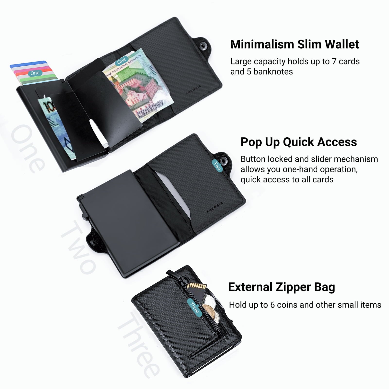 Credit Card Holder, Minimalism Leather Slim Wallet with Banknote Pockets, Coin Compartment and RFID Protection for Me... - Image 3