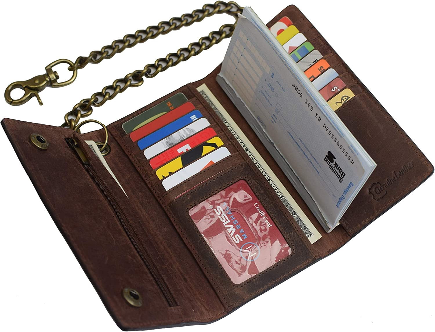 USA Motorcycle Chain Wallet for Men 100% Natural Genuine Leather, Long Trifold RFID Blocking, Credit Card Money Organ... - Image 4