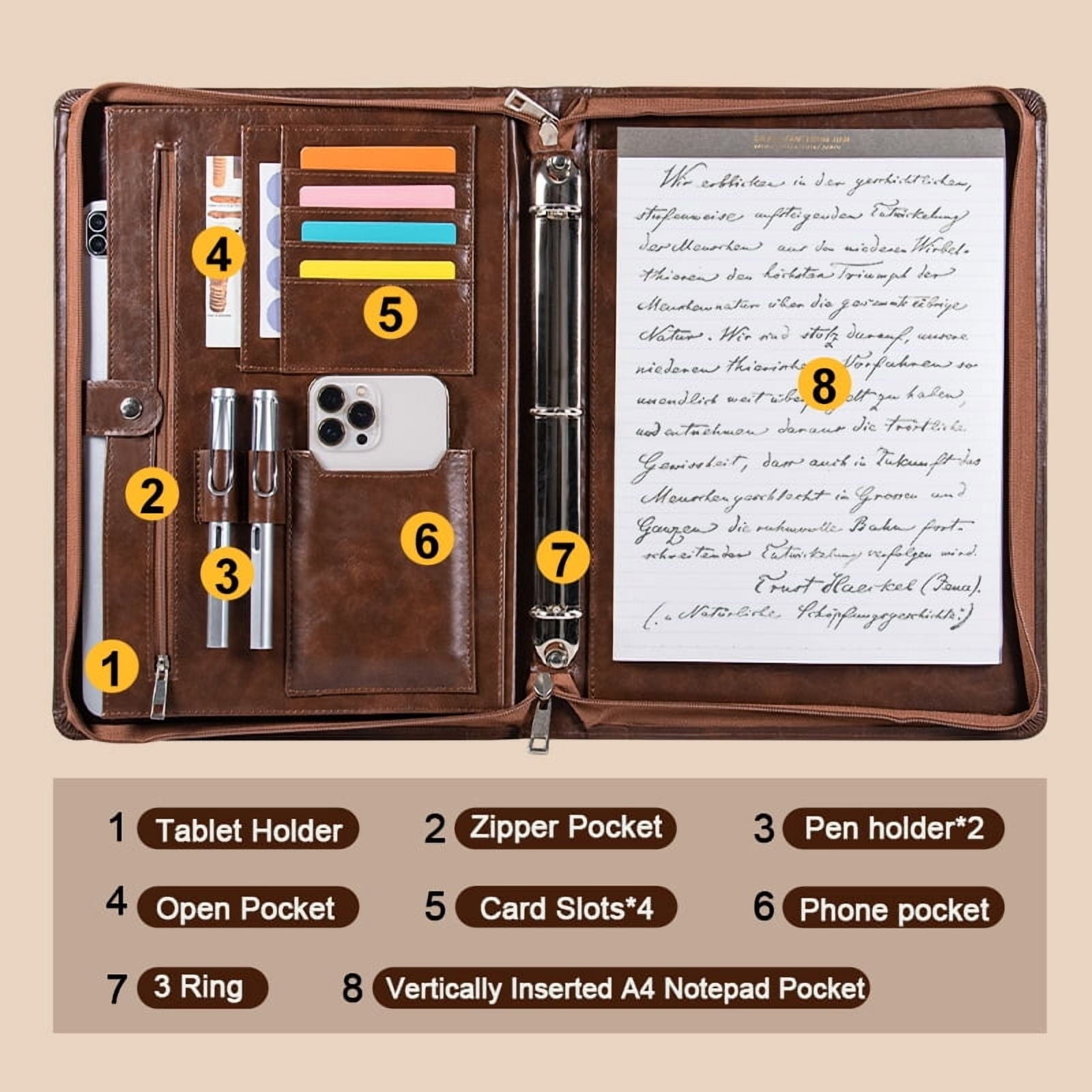 A4 Business Padfolio Binder with Zipper, Vegan Leather Professional Portfolio Organizer with 3-Ring Binder, Notepad & Resume Holder for Meet - Image 2