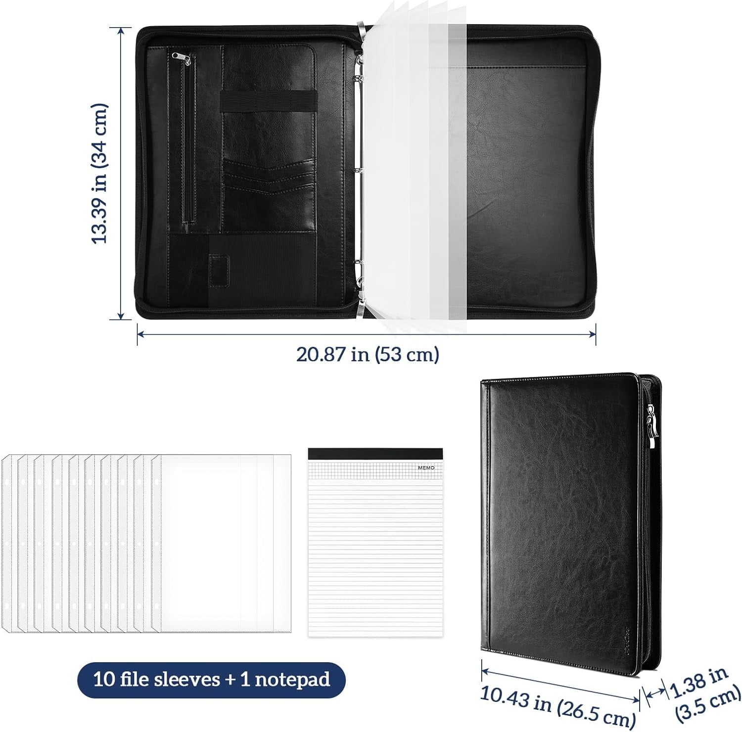 Portfolio 3-Ring Padfolio Folder Organizer, PU Leather Business Planner A4 Notepad Zipper File Binder Clipboard Remov... - Image 3