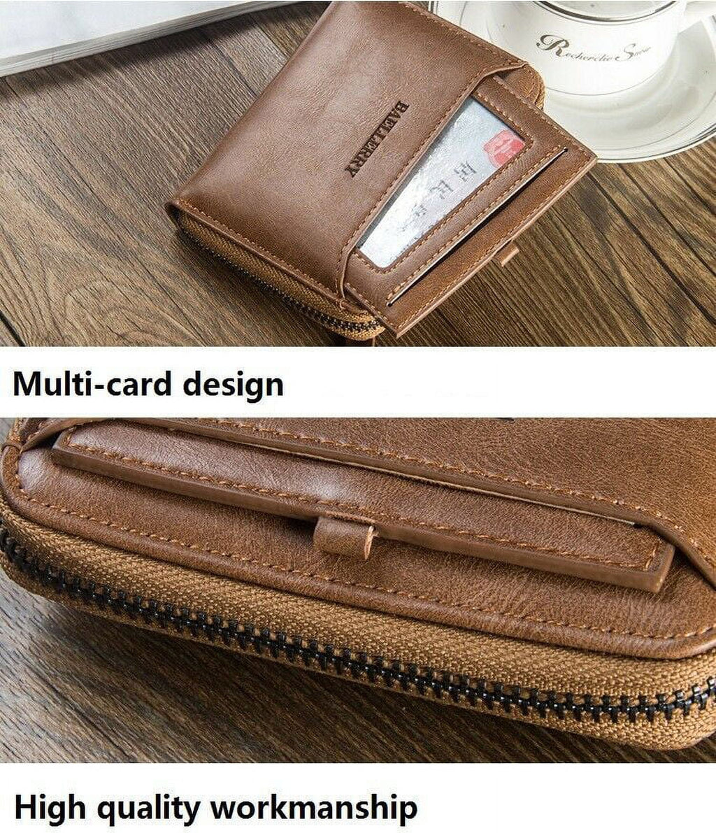 DT Men's Mens Brown Leather Bifold Credit ID Card Holder Wallet with Zipper Coin Pocket Purse - Image 3