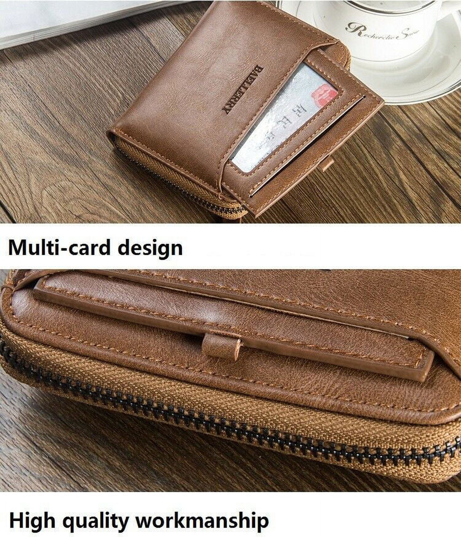 DT Men's Mens Brown Leather Bifold Credit ID Card Holder Wallet with Zipper Coin Pocket Purse - Image 3
