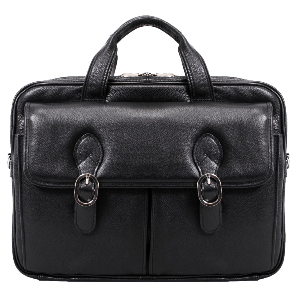 Double Compartment Laptop Briefcase, Top Grain Cowhide Leather, Black - Image 3