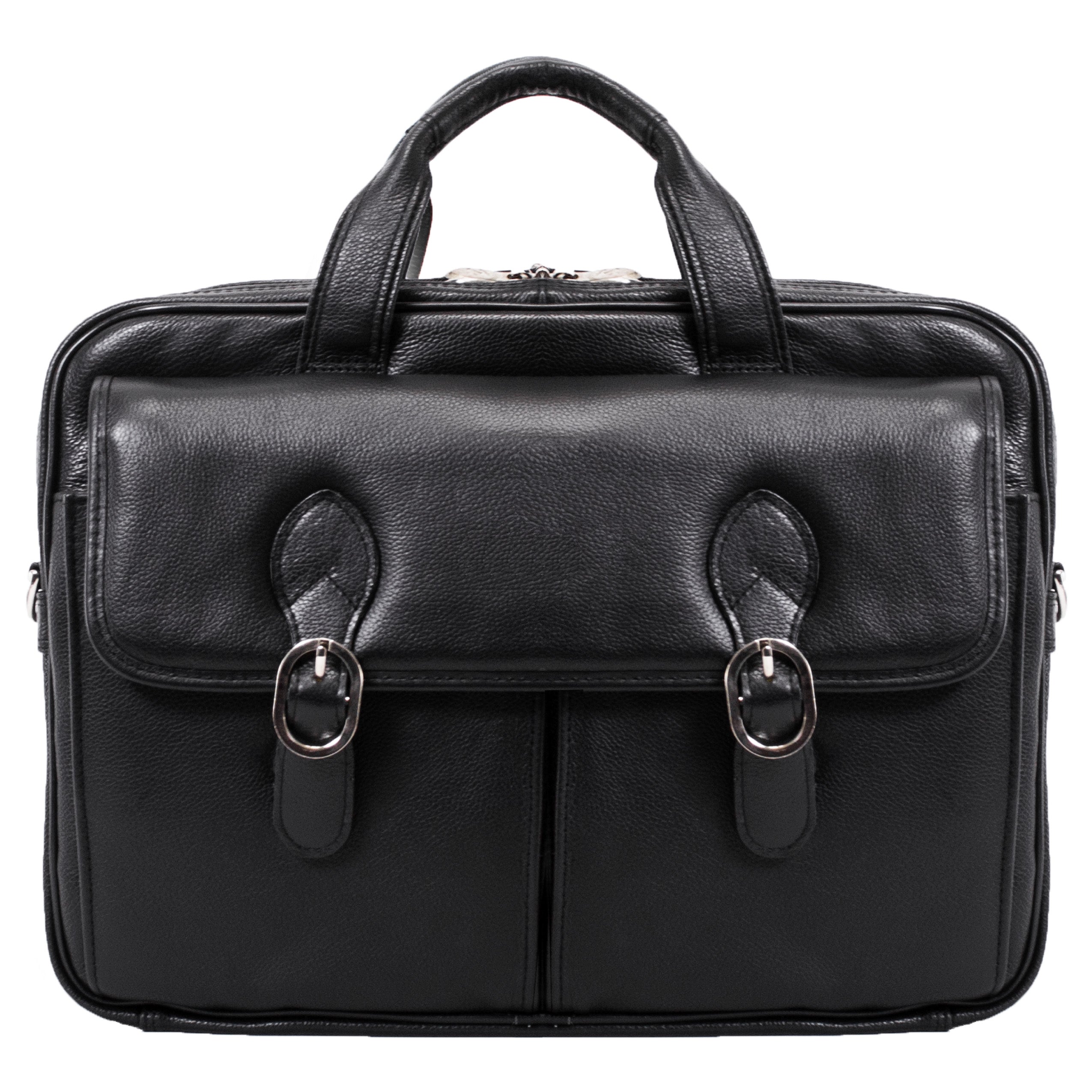 Double Compartment Laptop Briefcase, Top Grain Cowhide Leather, Black - Image 3