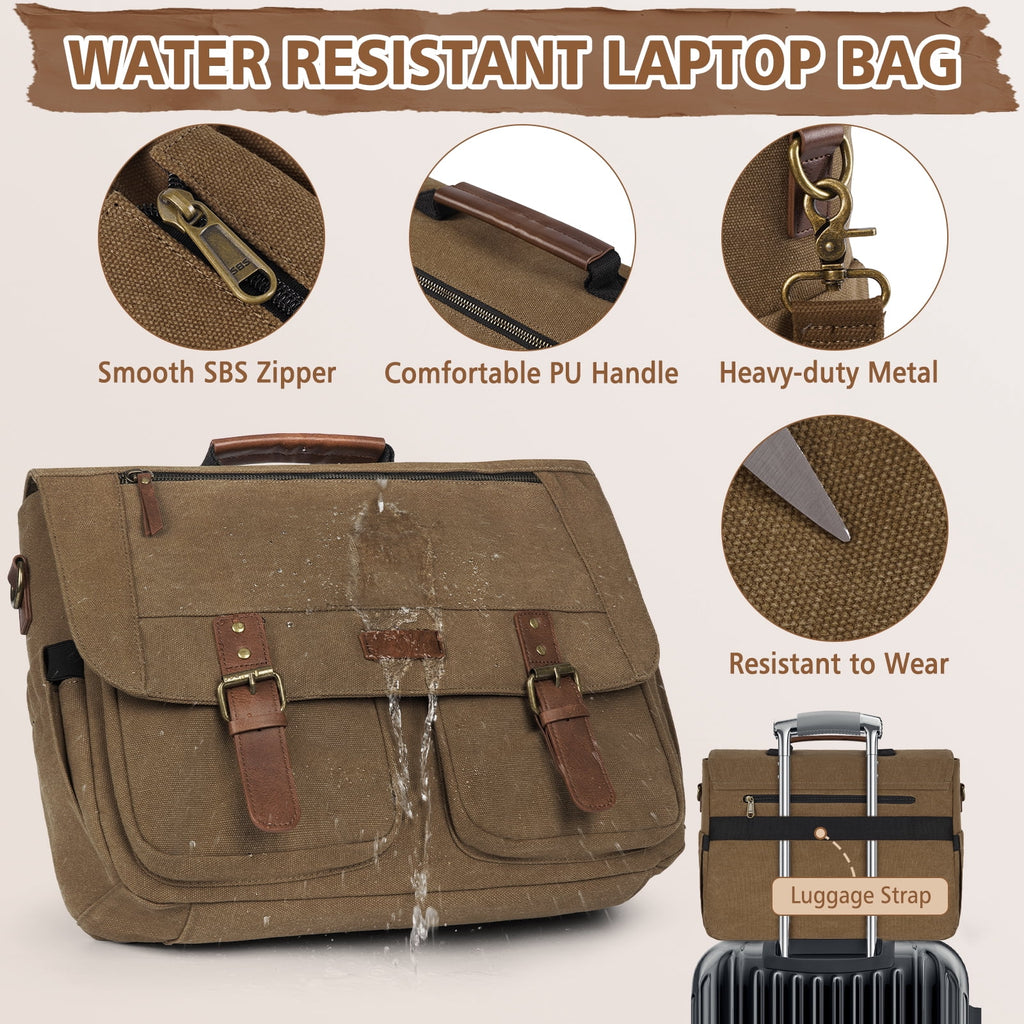 for Men 15.6inch Laptop Water-resistant Canvas Computer Satchel Briefcase for Work College,Brown - Image 3