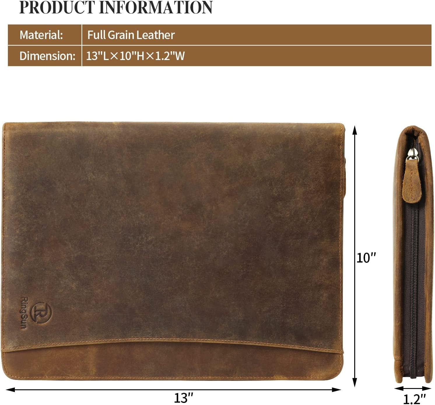 Full Grain Leather Portfolio Organizer with Zipper for Men Women, A4 Padfolio Business Resume Legal Notebook Binder  for  Documents Pens Car - Image 2