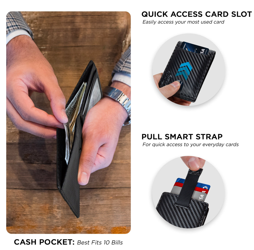 RFID Blocking Bifold | Slim Genuine Leather | Minimalist Front Pocket Wallets for Men | Carbon Fiber - Image 3