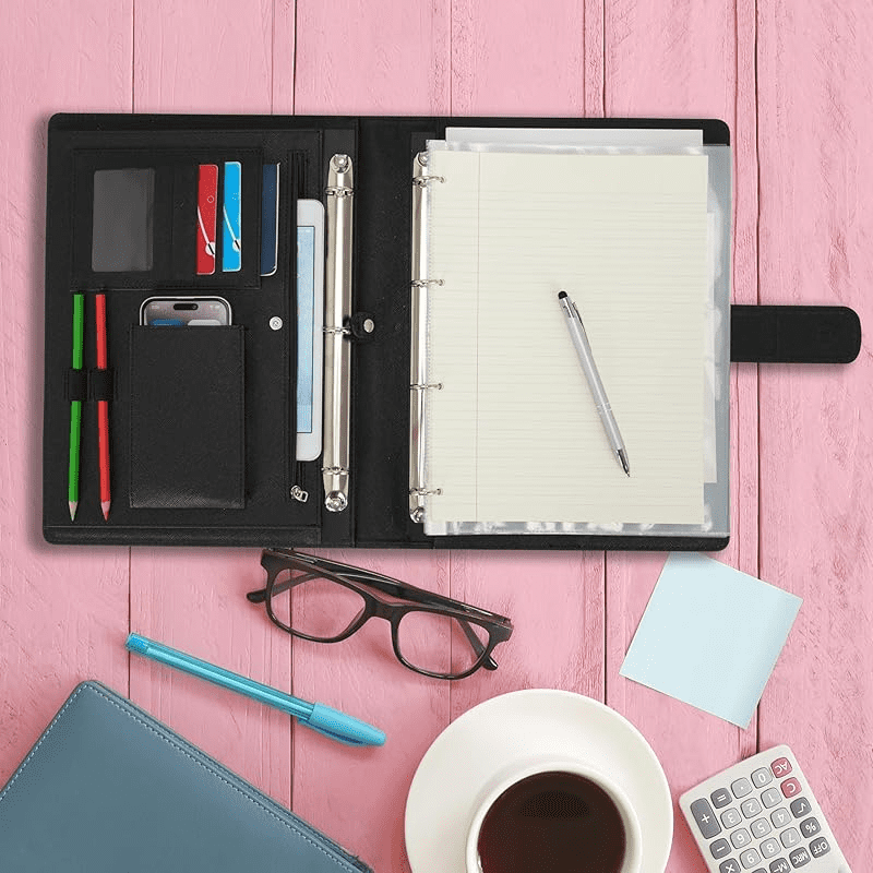 Wonderpool A4 PU Leather Ring Holder Writing Portfolio Multi Document Case with Removable Binder Clipboard and Functional Pocket for Organiz - Image 5