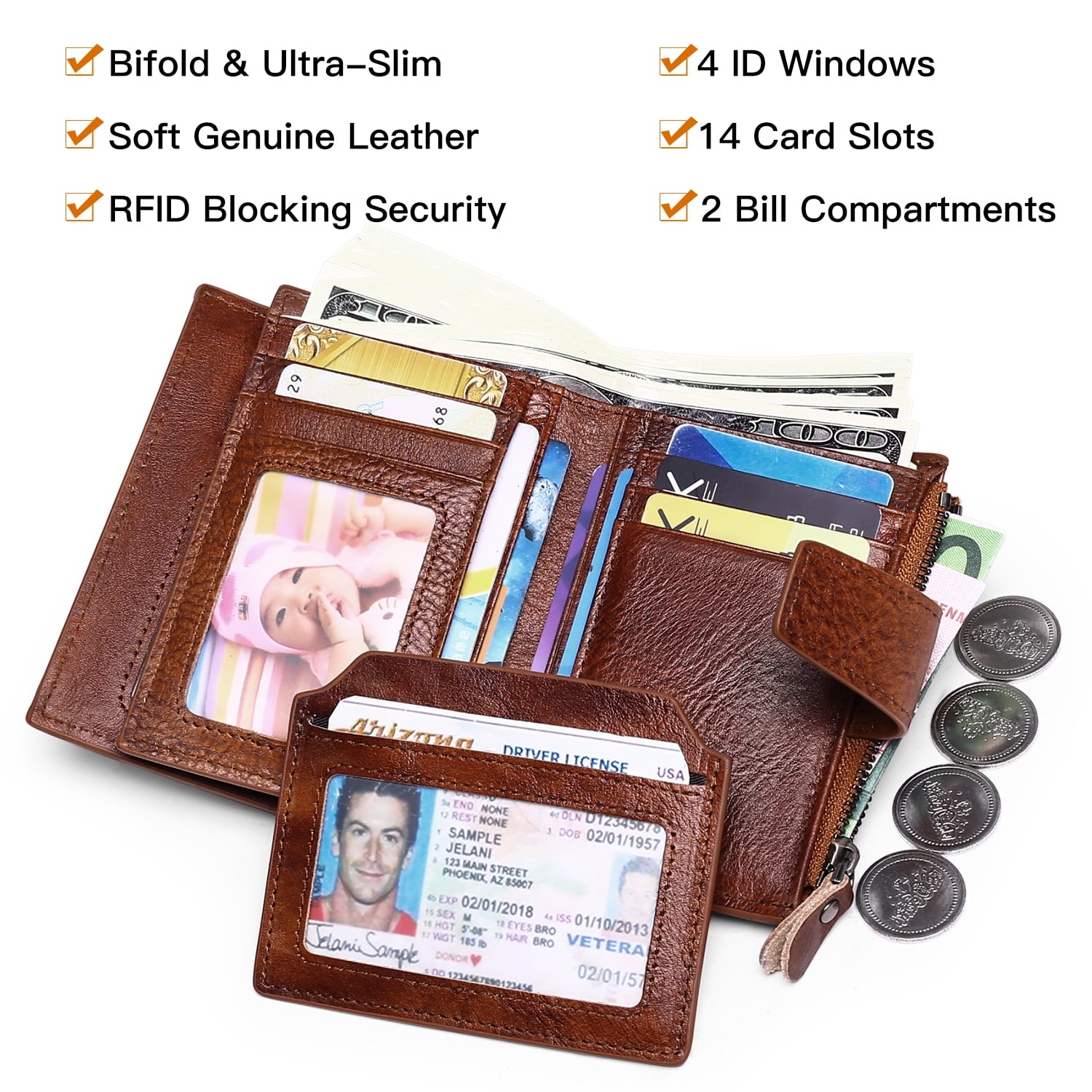 Minimalist Wallet for Men Leather RFID Blocking Coin Purse Bifold Card Holder - Image 5
