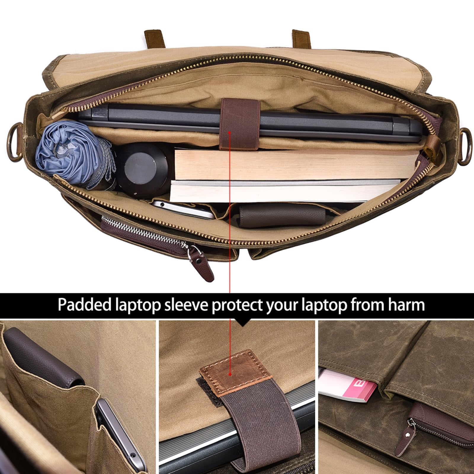 Mens Messenger Bag 15.6 Inch Waterproof Vintage Genuine Leather Waxed Canvas Briefcase Large Leather Computer Laptop ... - Image 5