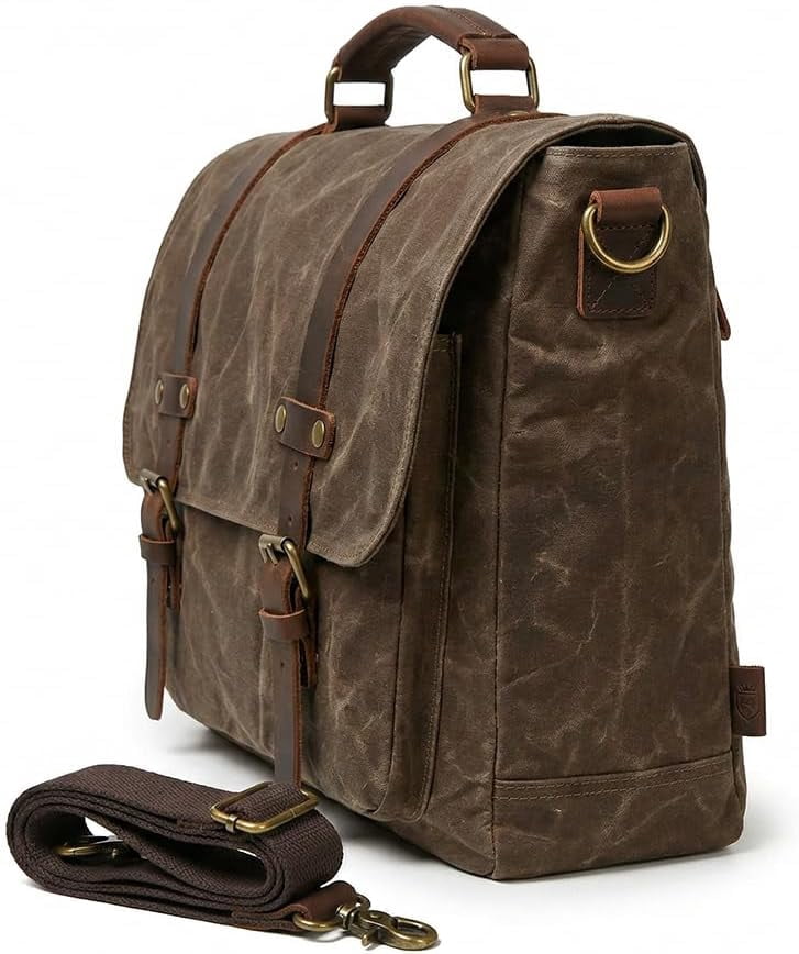 Men's Vintage Leather Messenger Bag 15.6 inch Laptop Briefcase, Waxed Canvas & Genuine Leather, Business Shoulder Satchel - Image 4