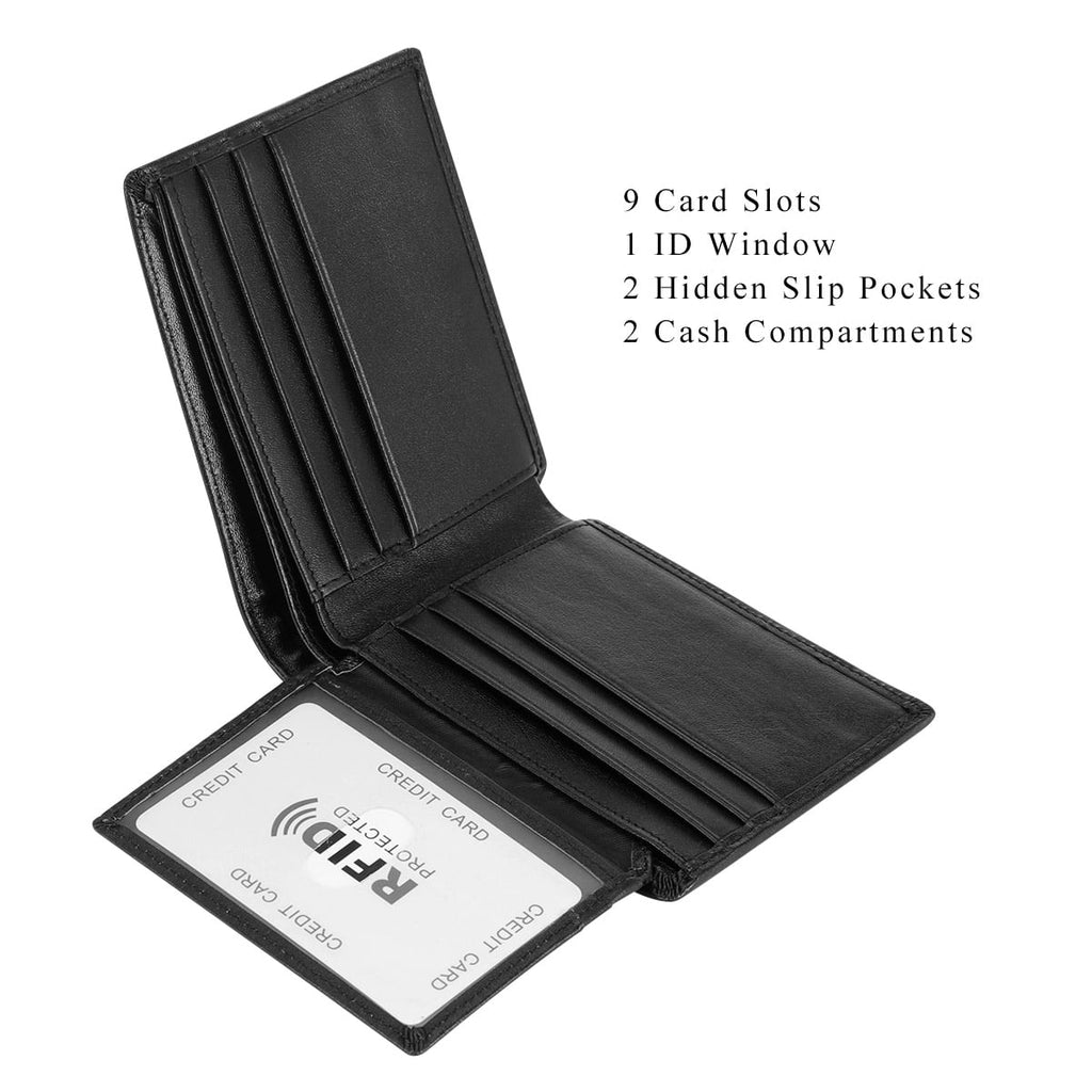 Slim Billfold Wallet for Men RFID Blocking Genuine Leather Scan Proof 10 Card Slots with ID Window Flap, Black - Image 6
