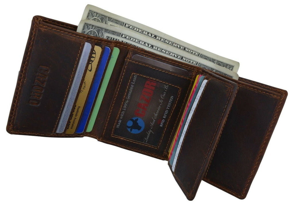 RFID Blocking Brown Vintage Leather Men's Trifold Center Flap Wallet - Image 5