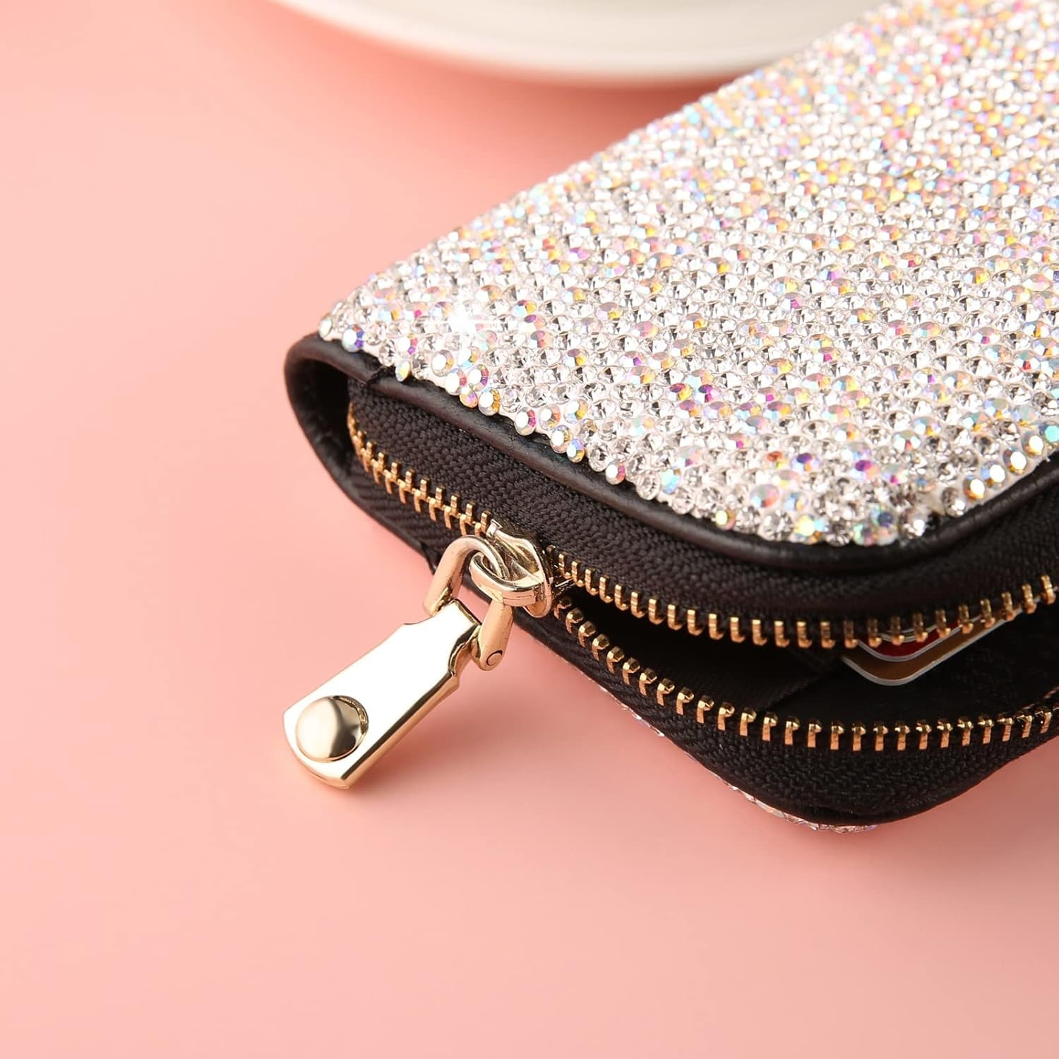 Rhinestone Credit Card Holder for Women RFID Blocking Wallet Slim Leather Zipper Card Case Wallet (Silver) - Image 5