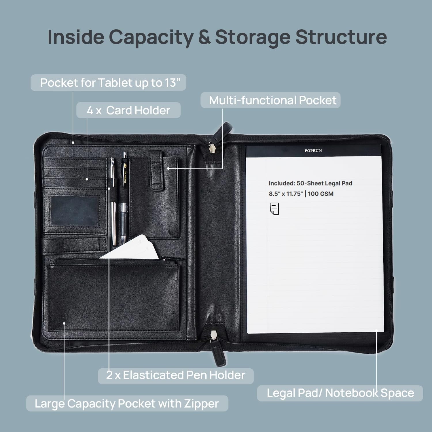 POPRUN Professional Zippered Portfolio Binder - Leather Padfolio Organizer with Notepad, Tablet Sleeve & Handles for ... - Image 2