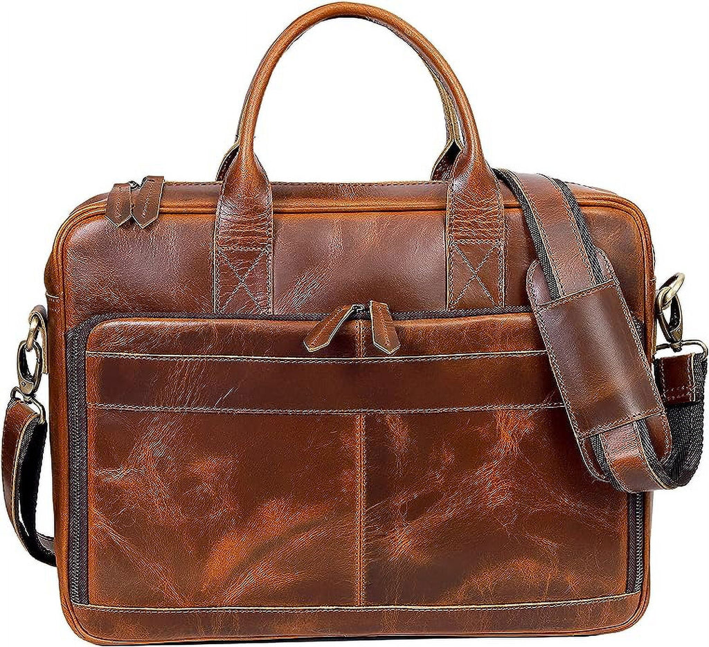 18 Inch Leather briefcase Laptop Messenger Bags For Men and Women Best Office College Satchel Bag - Tan Brown - Image 2