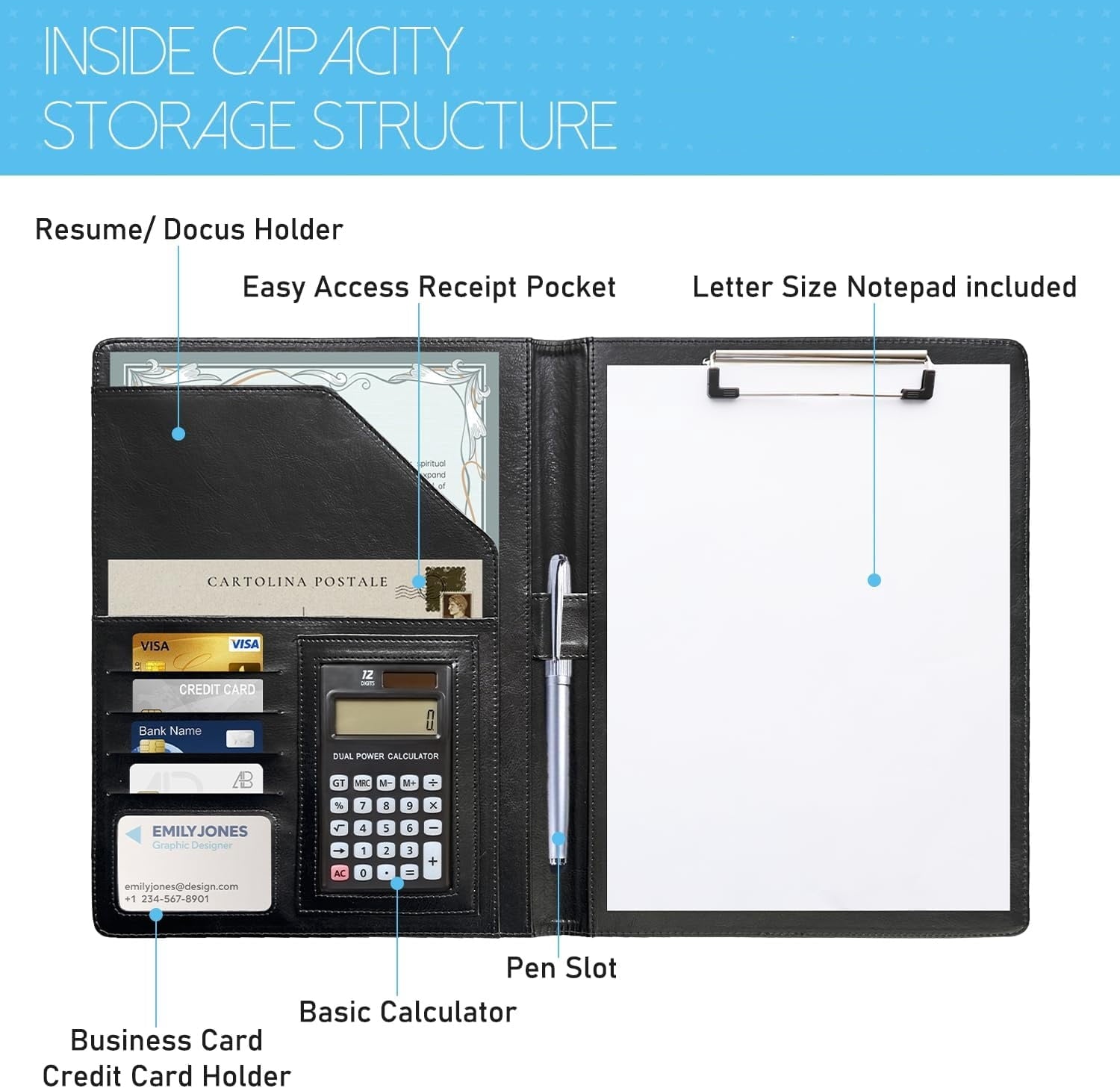 Leather Portfolio with Writing Pad, Professional Business Portfolio Folder Interview Resume Notefolio with Calculator File Folders Card Pock - Image 3