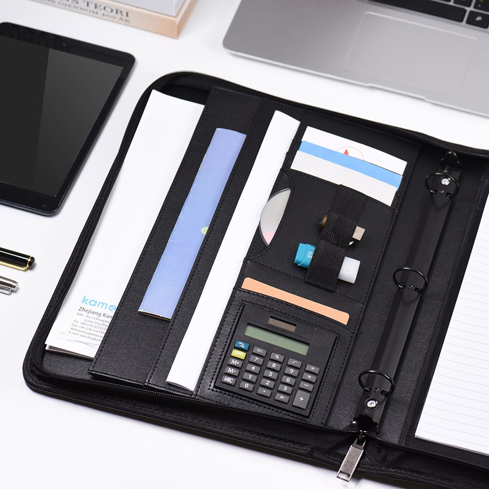 A4 PU Leather Zippered Padfolio with Calculator and Card Holder - Image 5