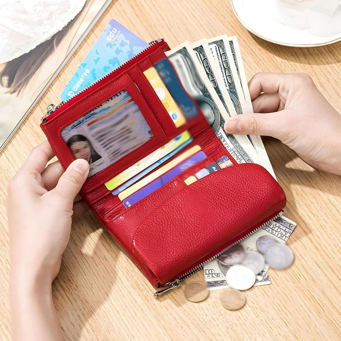 Precious Unisex Pebble Leather Wallet - RFID Blocking Slim Bifold Card Holder with Zippered Coin Purse, Small Leather... - Image 4