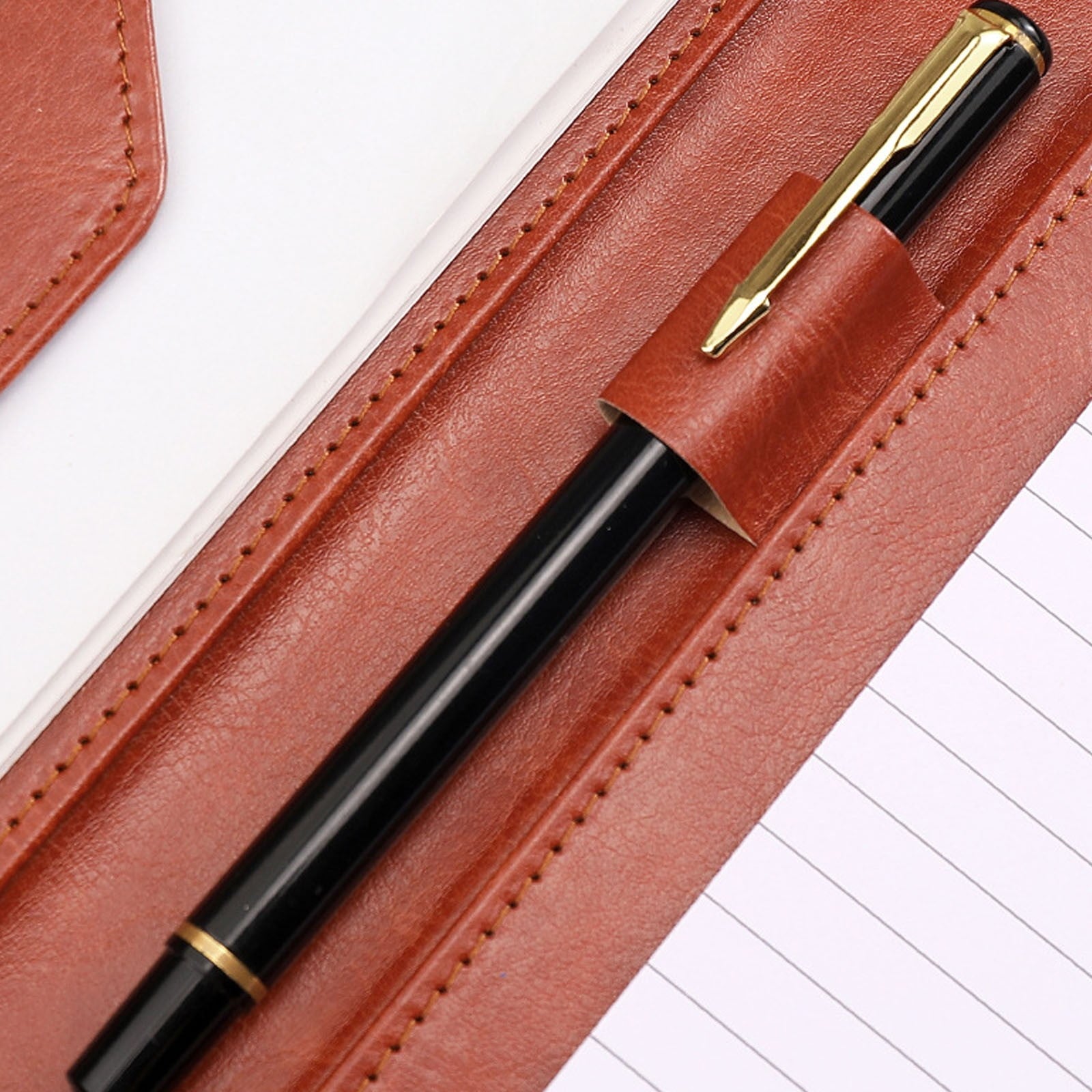 VKLU Professional A4 Business Portfolio Folder, Faux Leather Resume Padfolio with Metal Clip & Transparent Card Slots for Interviews, Brown - Image 6