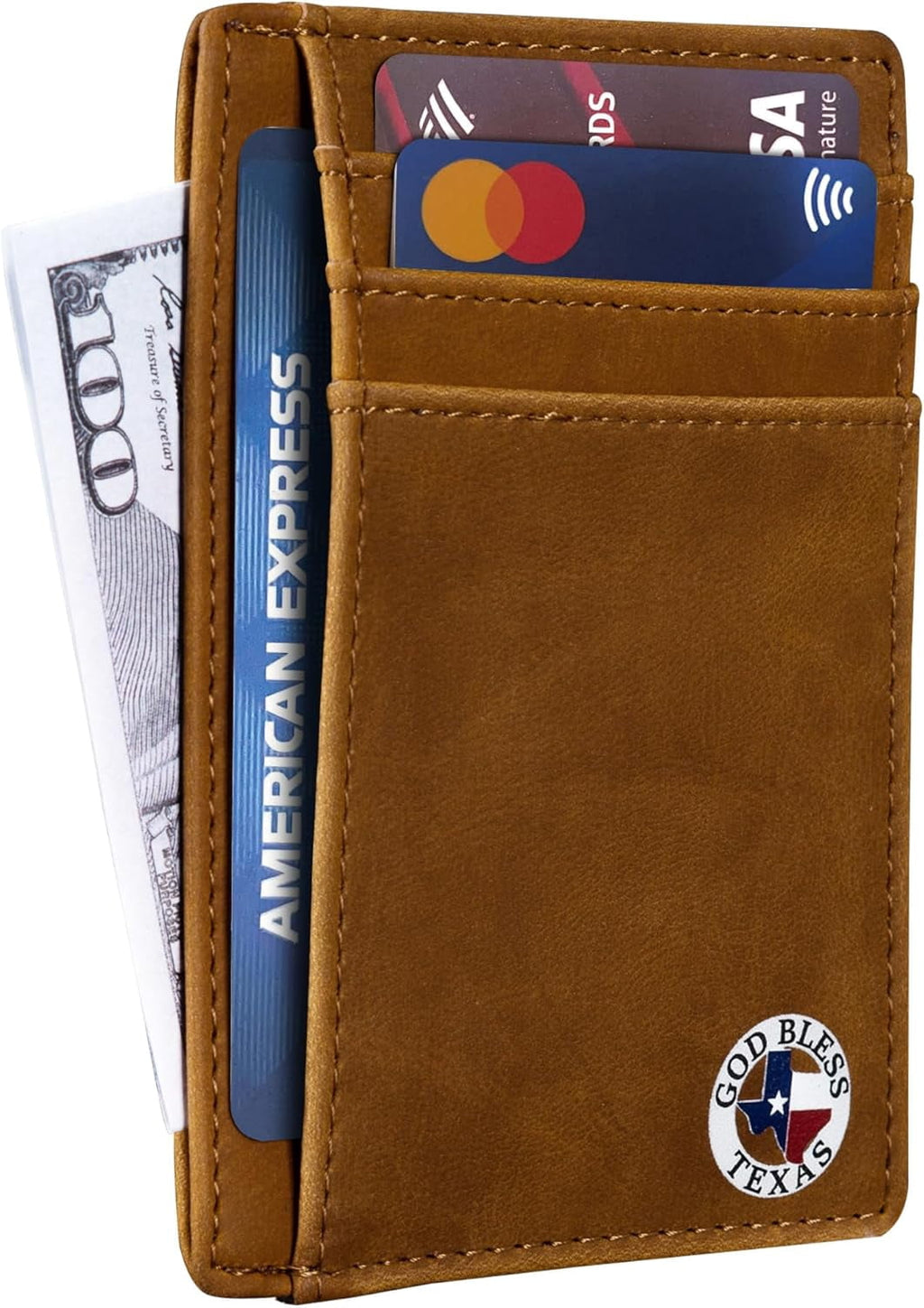 Gift for Texans and their lovers (God Bless Texas on Cardholder)  Slim Front Pocket Wallet, PU Leather, Khaki, Card Holder, RFID Blocking wi - Image 4