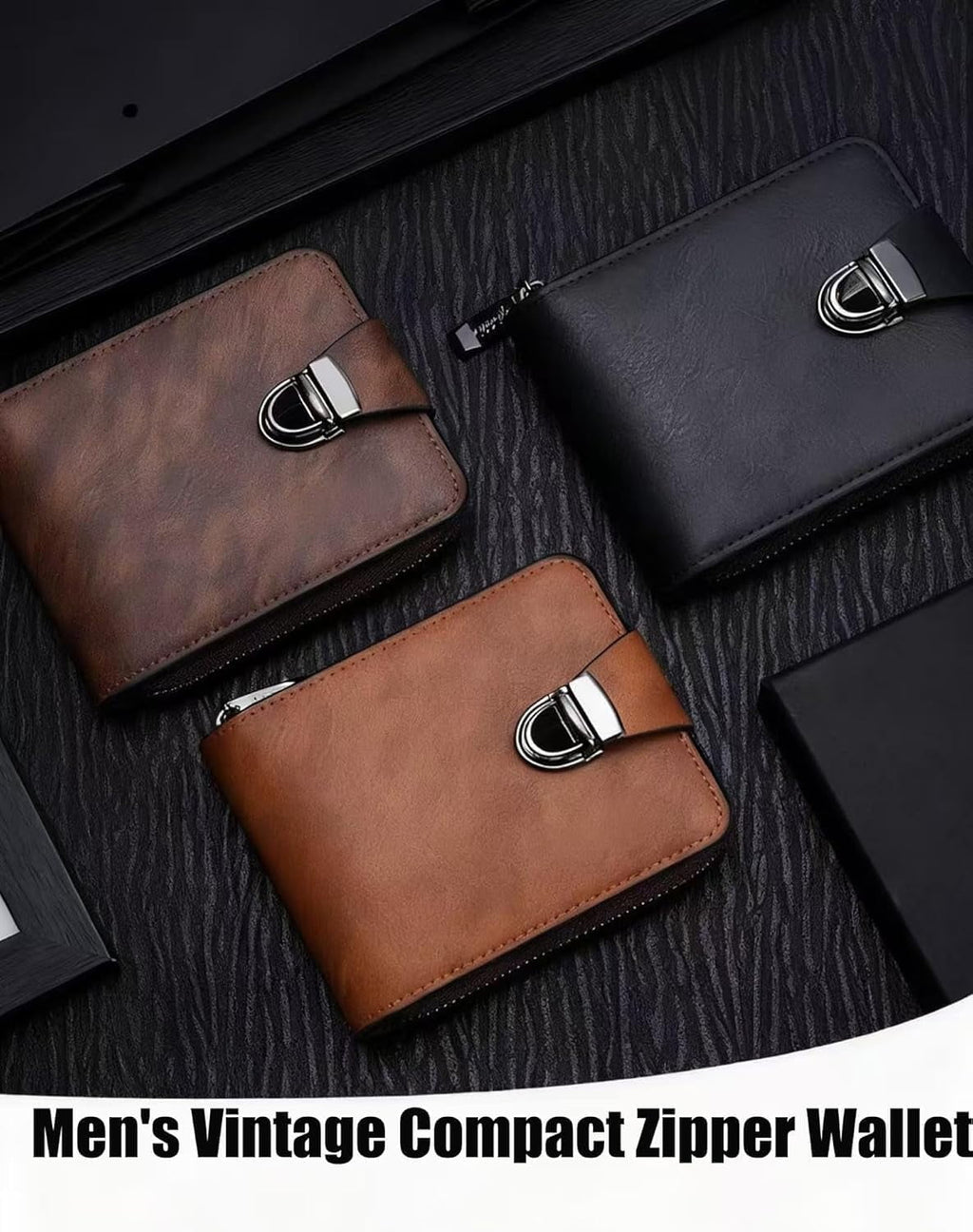 Men's Vintage Compact Zipper Wallet, Slim Leather Slots Credit Card Holder Rfid Blocking Bifold Minimalist Wallet (Black) - Image 6