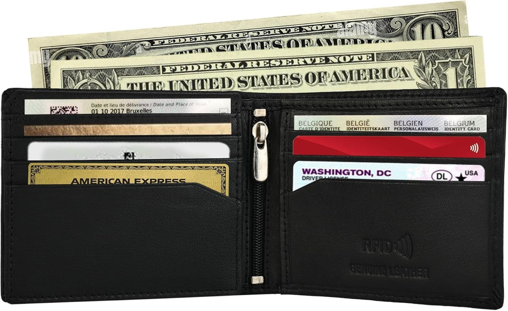 Genuine Leather RFID Blocking Wallet for Men | Slim Bifold Design with Zipper Coin Pocket, ID Window & Multiple Card Slots - Image 5