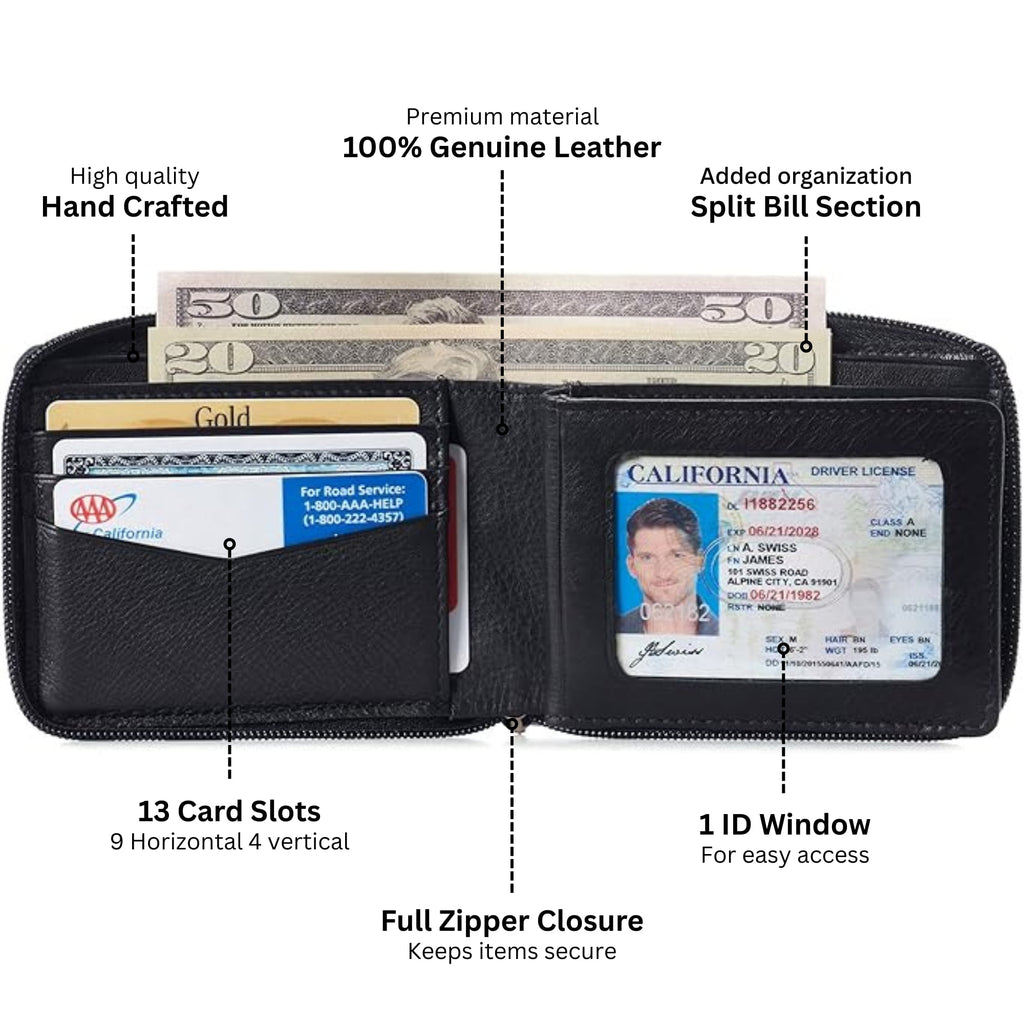 Zipper Bifold Wallet for Men Women RFID Protected Genuine Leather - Image 3