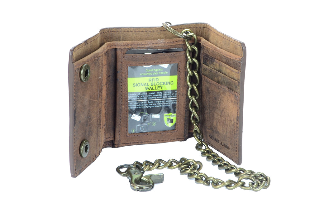 Men's RFID Signal Blocking Tri-Fold Motorcycle Wallet in Brown Distressed Genuine Leather with Antique Brass Color Chain - Image 2
