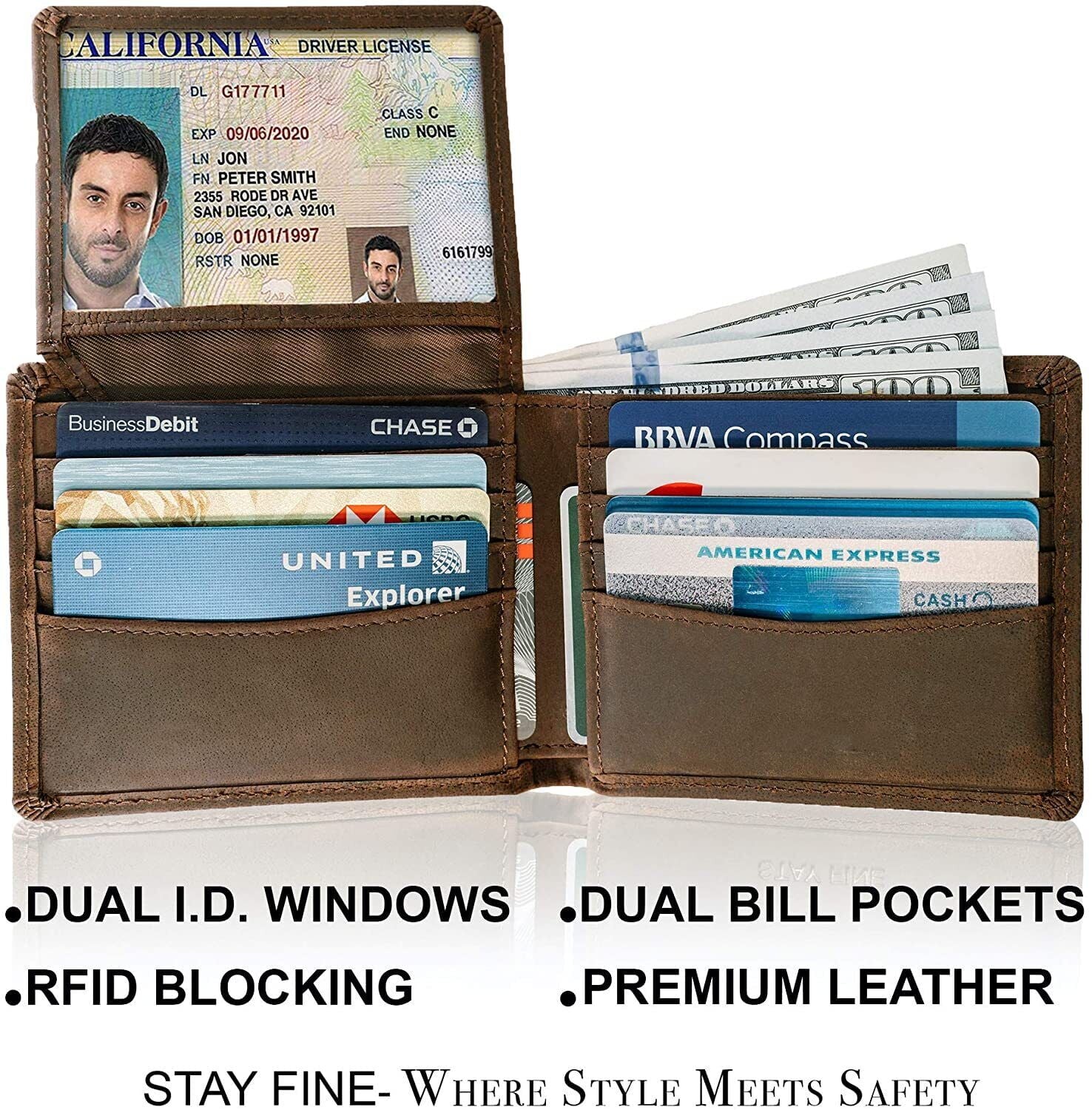 RFID Blocking Full Grain Crazy Horse Genuine Leather Men's Bifold Center Flap Wallet - Image 5