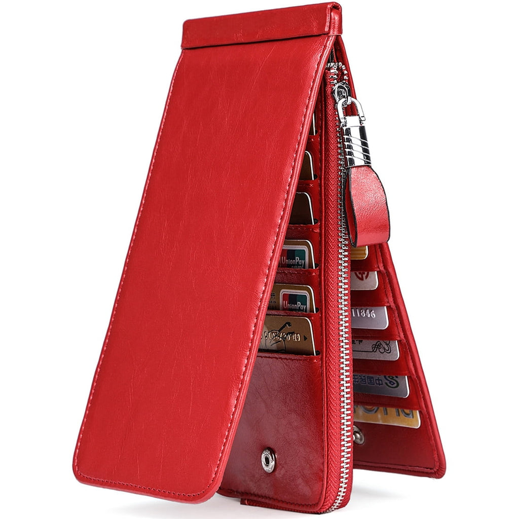 Womens Leather Credit Card Holder Wallet RFID Blocking Wallet Women Card Case Purse Oil Wax Red - Image 4