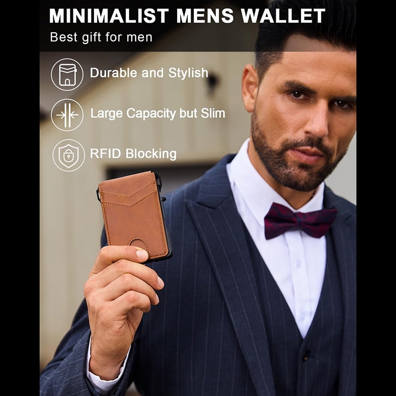 Ultra-Thin Men's Wallet - Brown Anti-Theft Leather Bi-Fold RFID-Blocking Card Holder with Pop-Up Magnetic Aluminum Wa... - Image 2