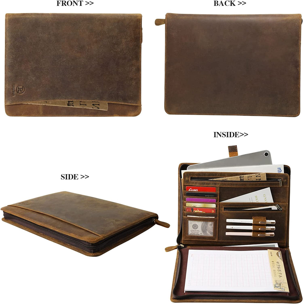 Full Grain Leather Portfolio Organizer with Zipper for Men Women, A4 Padfolio Business Resume Legal Notebook Binder  for  Documents Pens Car - Image 3