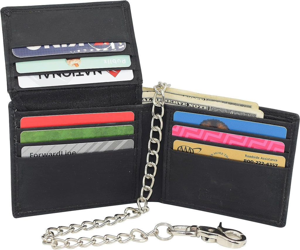 RFID Blocking Men's Classic Bifold Vintage Leather Chain Wallet for Men Black - Image 2